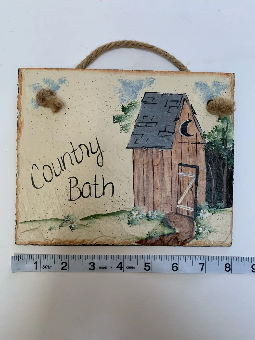 Collectibles Handmade & Painted Country Bath Rustic Hanging Sign.Pre-Owned.8x6.5